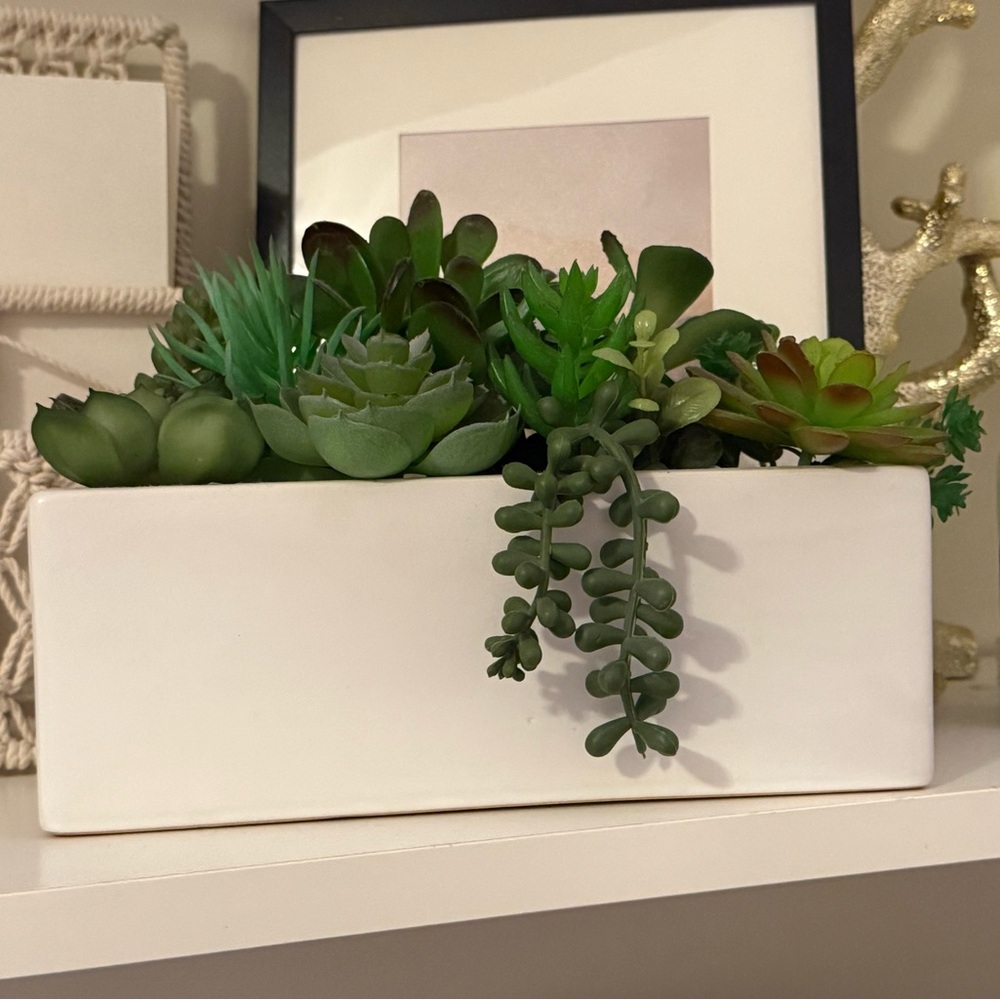 Faux succulents in rectangular ceramic pot